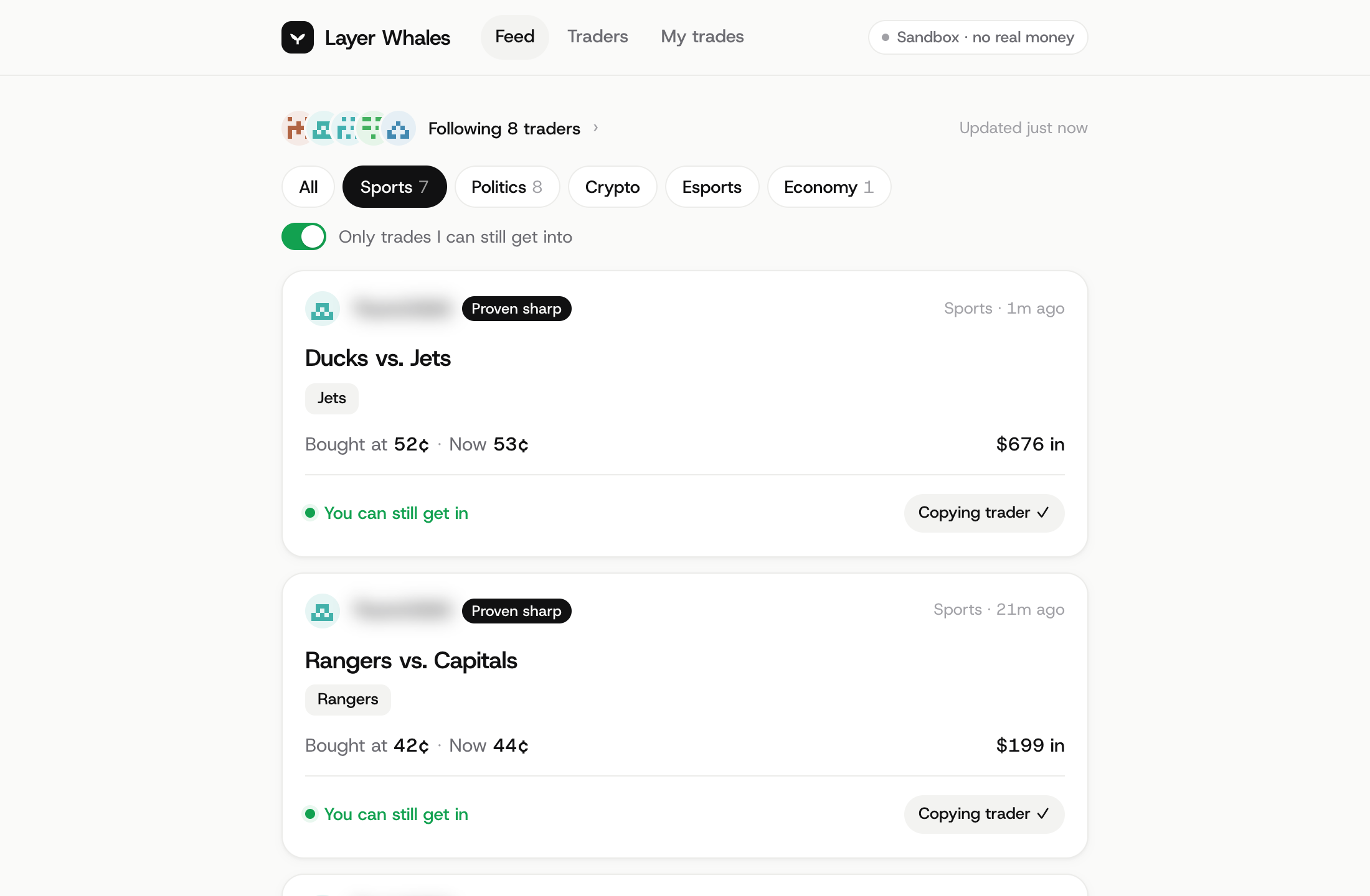 Layer Whales' Feed: new trades from the traders worth following, each with what they paid, the price now and whether you can still get in. Trader names are blurred.